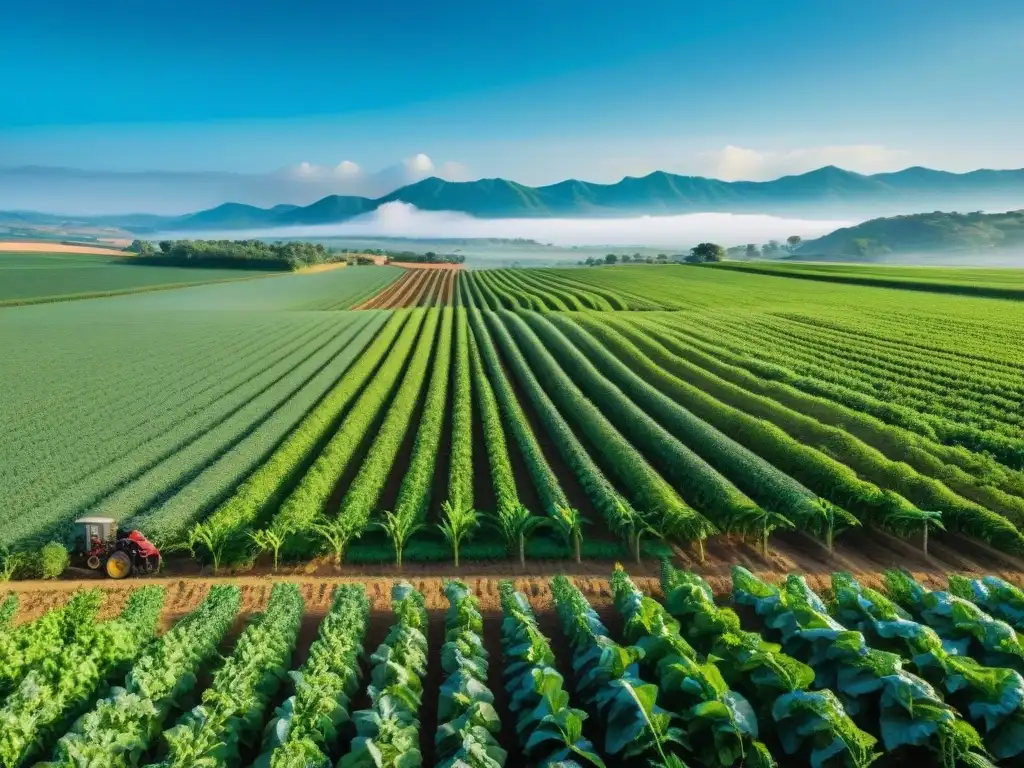 Un campo agrícola exuberante bajo el cielo azul, con cultivos vibrantes y un granjero atento