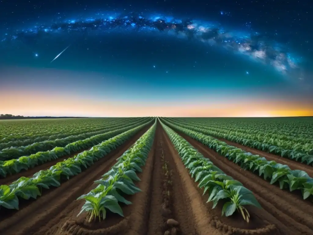 Campo agrícola iluminado por Júpiter, significado ciclos Júpiter agricultores