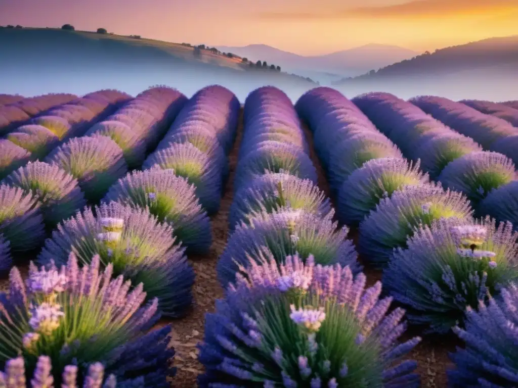 Un campo de lavanda al atardecer con abejas polinizando, resaltando la belleza de la aromaterapia para bienestar integral