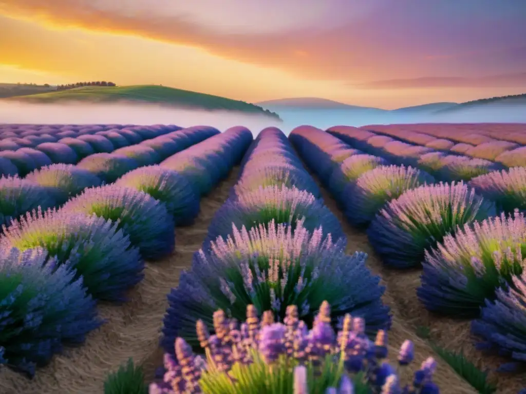 Un campo de lavanda al atardecer, con filas de flores moradas y abejas