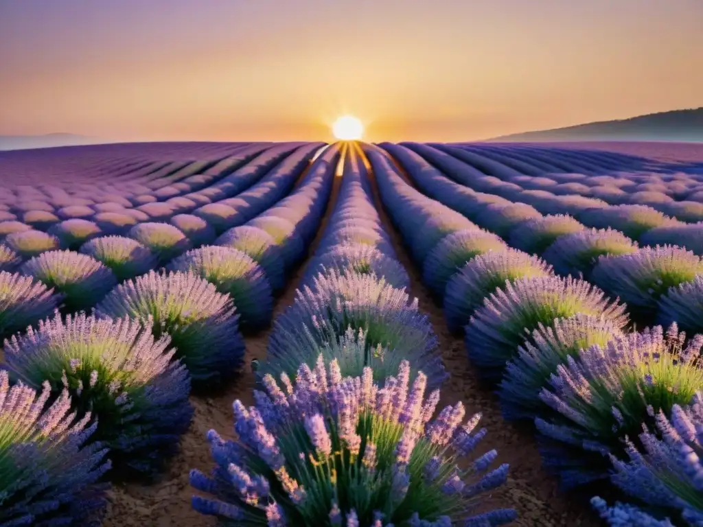 Campo de lavanda al atardecer con flores moradas, abejas y una cálida luz dorada