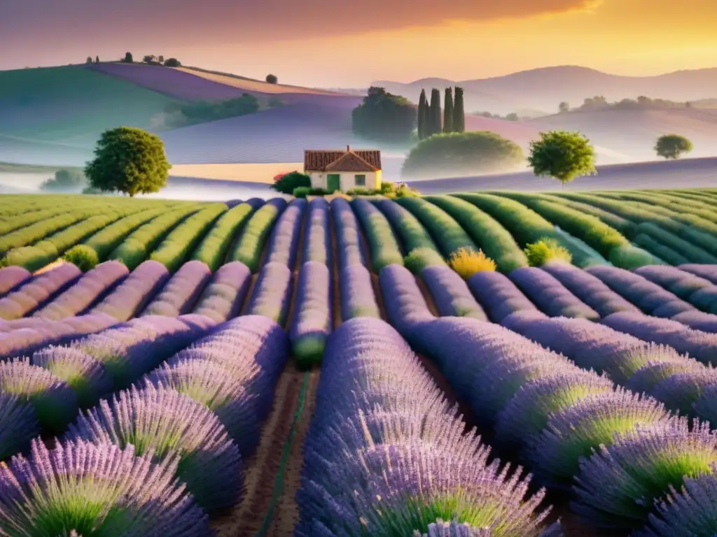 Un campo de lavanda extenso y exuberante bajo la luz dorada del atardecer, con filas de plantas moradas vibrantes