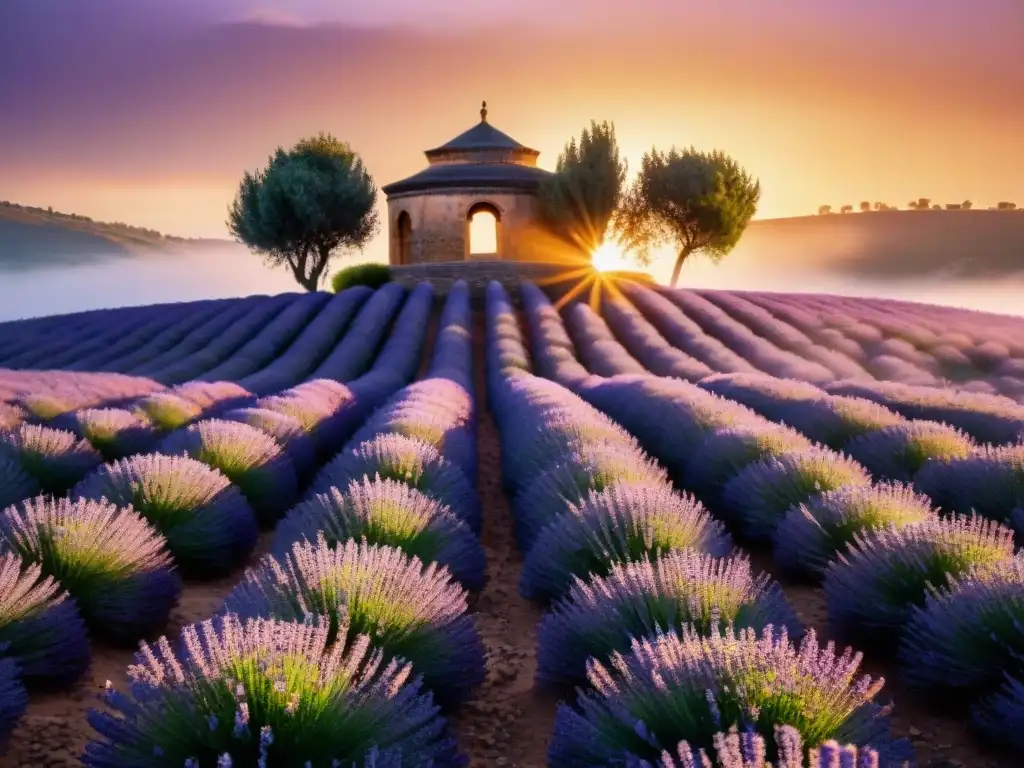 Un campo de lavanda al amanecer con luz dorada y ruinas de templo sagrado, evocando conexión a la tierra y aceites esenciales lugares sagrados