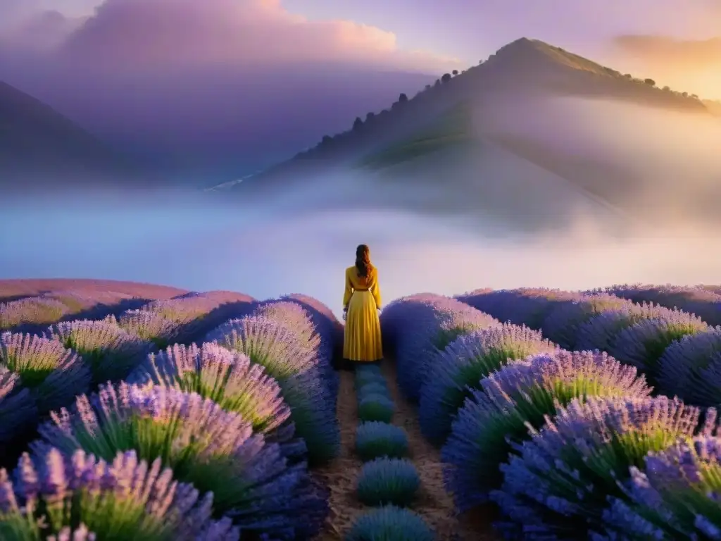 Un campo de lavanda sagrado al amanecer, con abejas y niebla