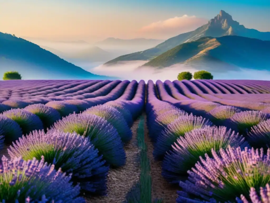 Un campo de lavanda sagrado, con filas de plantas moradas en plena floración, montañas misteriosas y abejas revoloteando