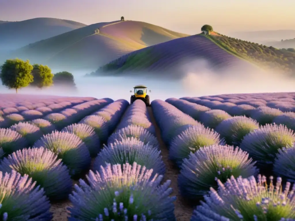 Un campo de lavanda sagrado al amanecer, con filas de flores moradas bajo un cielo pastel