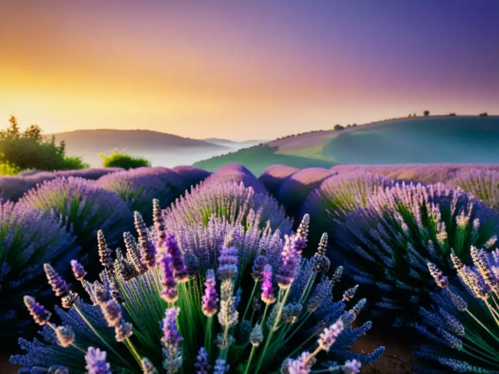 Un campo de lavanda vibrante, en armonía con la naturaleza al atardecer