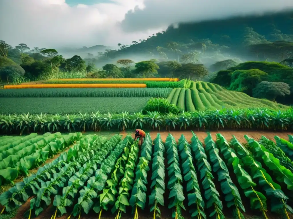 Campo maya: sabiduría ancestral en armonía con la naturaleza Un campo maya tradicional muestra prácticas agrícolas en permacultura moderna, con maíz, frijoles y calabaza intercalados armoniosamente