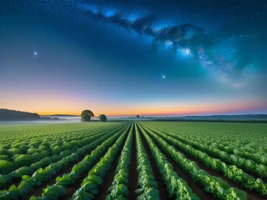 Campo agrícola nocturno iluminado por constelaciones, evocando la influencia de astros en prácticas agrícolas