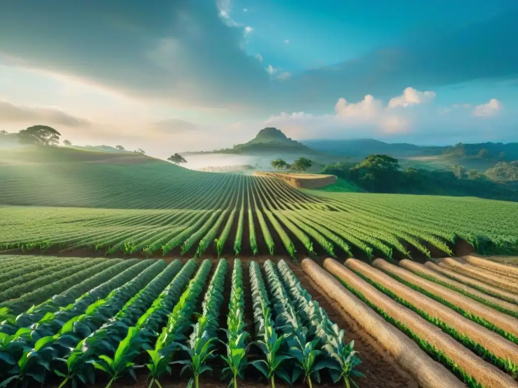 Campo agrícola maya con técnicas avanzadas de terrazas, rotación de cultivos e irrigación, destacando tradición y modernidad