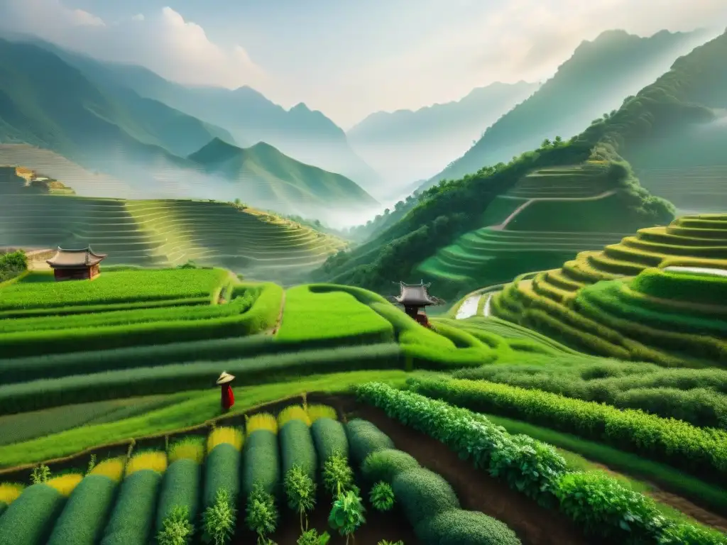 Prácticas agrícolas ancestrales en campo verde de China Campo verde exuberante en China antigua
