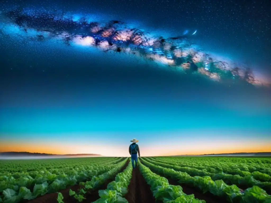 Un campo agrícola vibrante bajo el cielo estrellado con Urano brillando, influenciando misteriosamente la agricultura