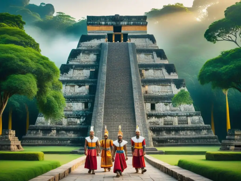 Cánticos en civilizaciones precolombinas: Mayas en un templo rodeados de vegetación exuberante, vestidos con plumas