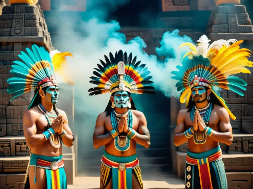 Cánticos en civilizaciones precolombinas: sacerdotes aztecas con atuendos ceremoniales y templo en humo de copal
