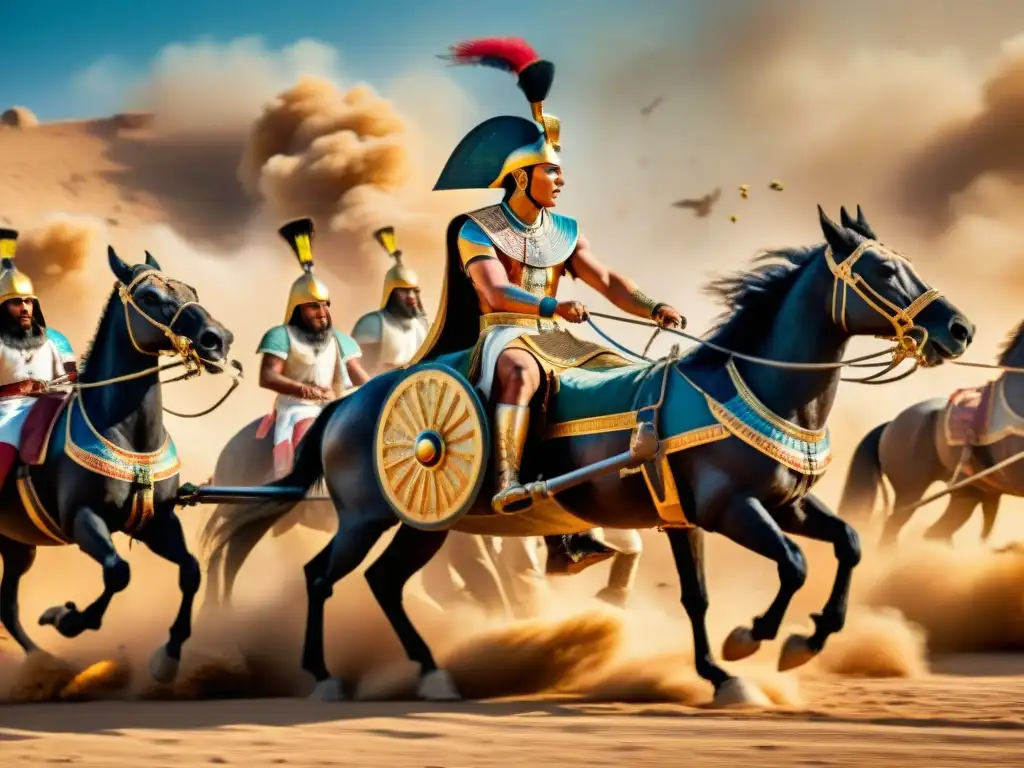 Carro de guerra egipcio cargando en batalla en Kadesh, adornado con oro y joyas, mientras los caballos galopan furiosamente y el polvo se levanta