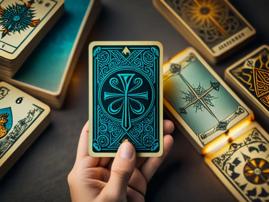 Carta ancestral tarot con símbolos misteriosos, textura envejecida