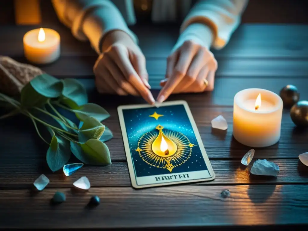 Una carta de tarot detallada sobre una mesa de madera, rodeada de cristales y una vela