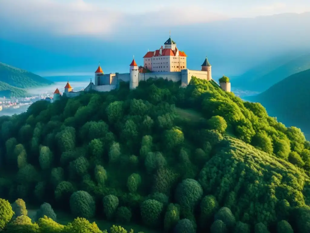 Castillo eslavo en acantilado con arquitectura defensiva y bosques verdes bajo cielo azul