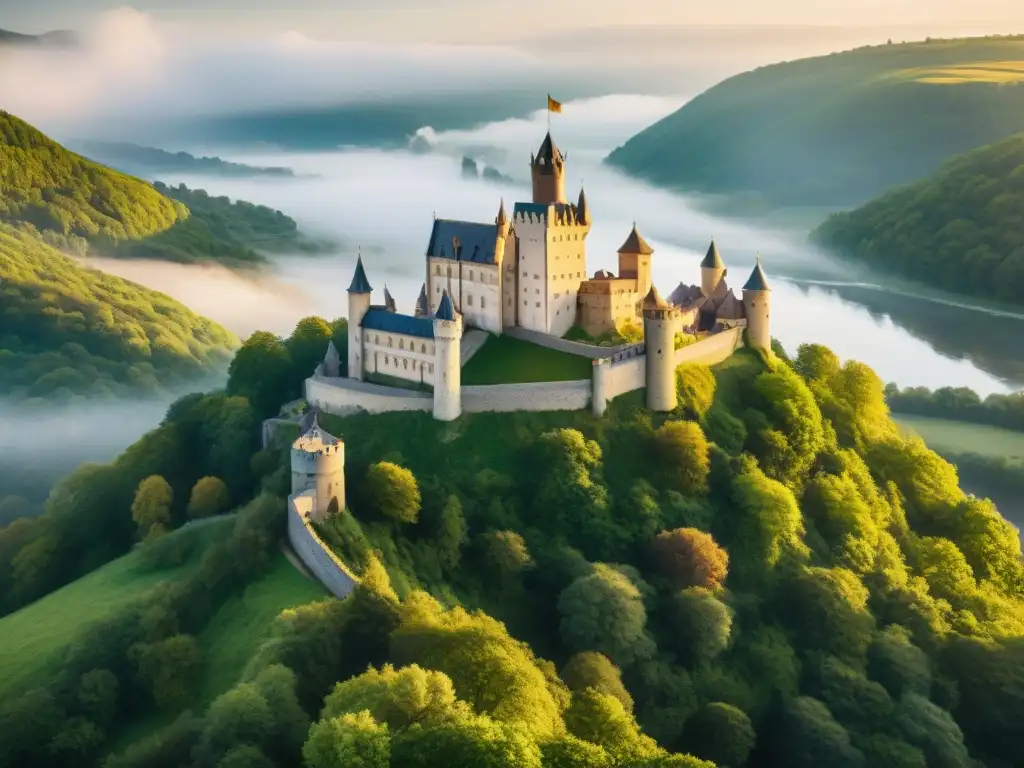 Castillo medieval en acantilado, rodeado de naturaleza exuberante y río