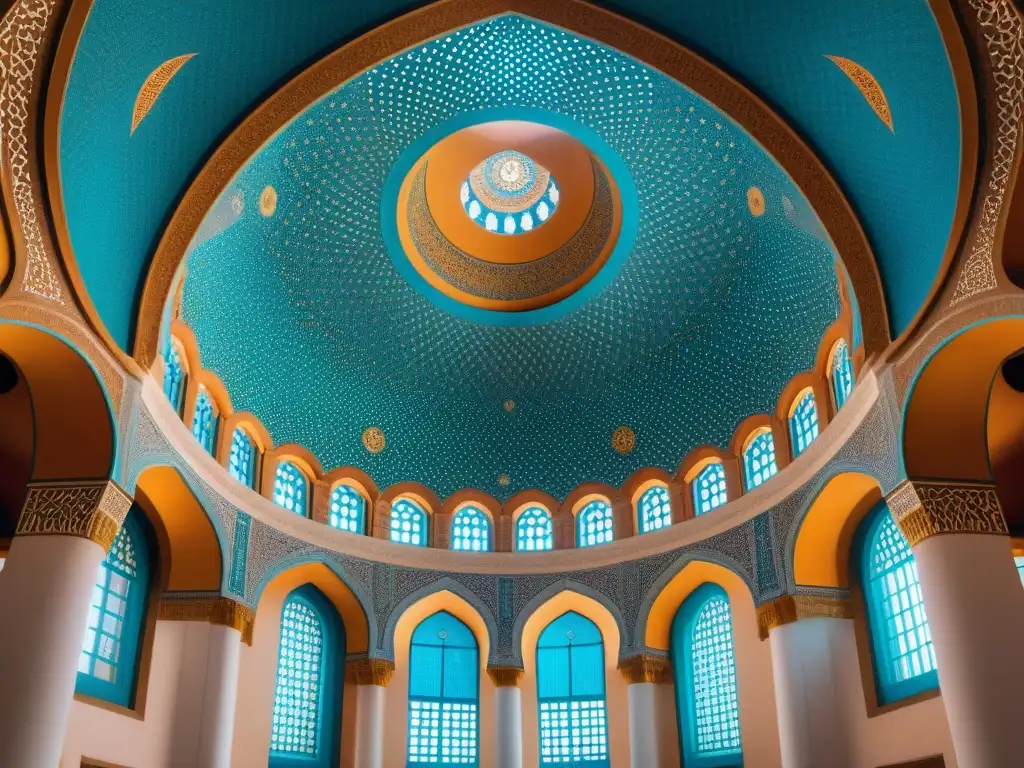 Un cautivador mosaico de patrones geométricos y colores vibrantes en una mezquita, reflejando la belleza del Arte islámico en decoración espacios