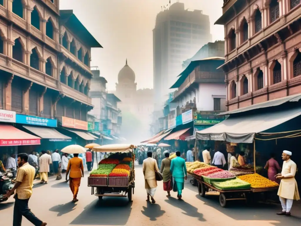 Una cautivadora vista de una concurrida calle en Mumbai, India, en blanco y negro