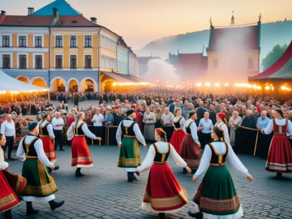 Celebración de un festival eslavo en una plaza europea, con atuendos tradicionales, danzas folclóricas y decoraciones artesanales