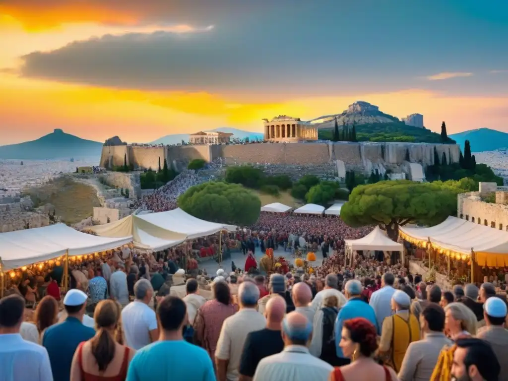 Celebración del Festival Thargelia en Atenas: coloridos rituales y espectadores bajo el sol poniente, con la majestuosa Acrópolis de fondo