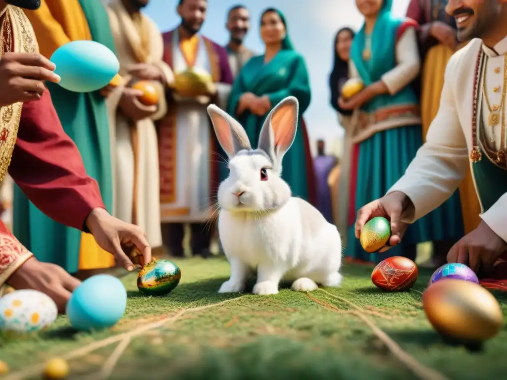 Una celebración global de Pascua: Orígenes y símbolos de Pascua representados por diversas culturas en una plaza bulliciosa