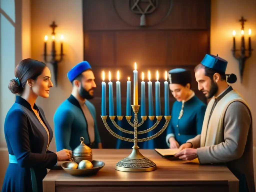 Una celebración misteriosa de Hanukkah en la antigüedad, con una iluminación tenue y elementos judíos históricos