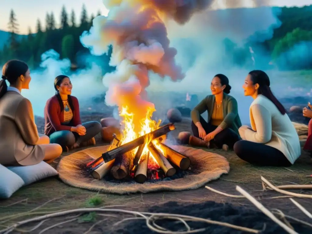 Celebraciones paganas en la noche del solsticio de verano, misterio y unión en el bosque iluminado por fogata