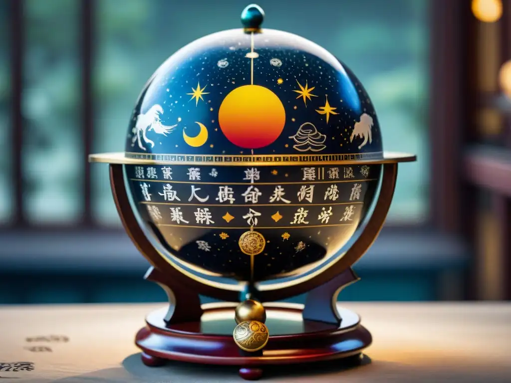 Globo celestial chino antiguo detallado con signos del zodiaco y constelaciones, rodeado de diagramas astronómicos y caligrafía china explicando los orígenes astronómicos del calendario chino