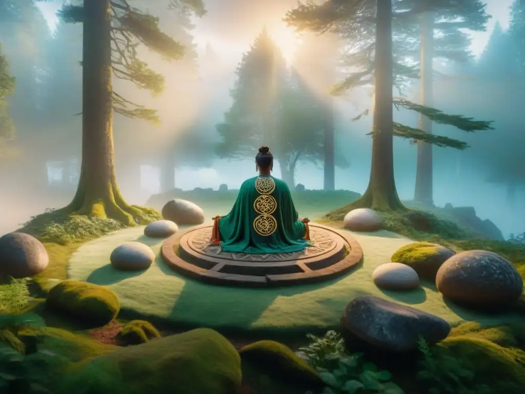 Meditación druidas celtas prácticas en un claro boscoso al amanecer, con símbolos celtas tallados en piedras y druidas meditando entre luces místicas