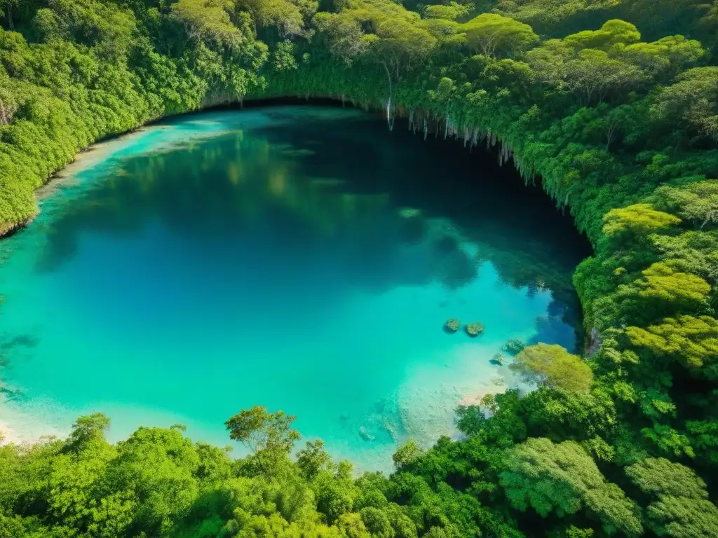 Un cenote maya espiritual brilla como un zafiro en la selva exuberante, revelando la conexión entre naturaleza y significado ancestral