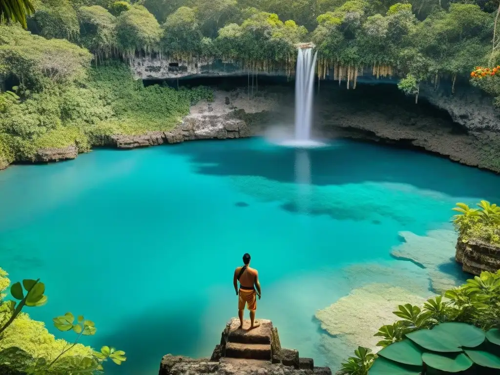 Un cenote maya sagrado rodeado de exuberante vegetación, aguas turquesa cristalinas reflejando la luz del sol