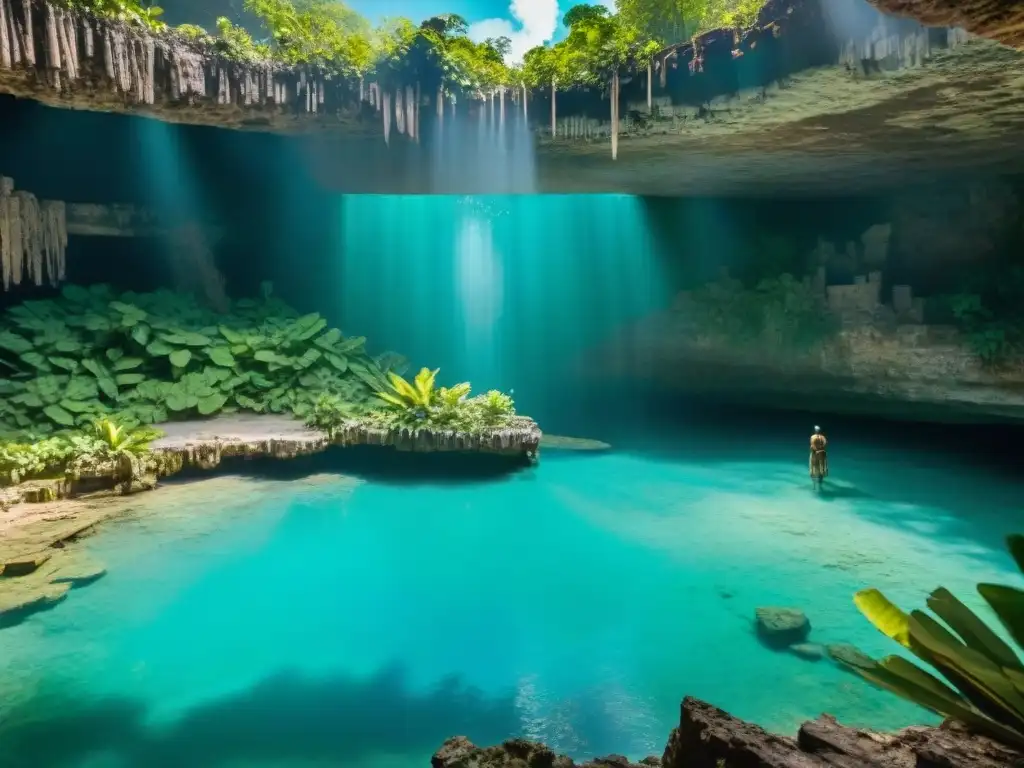 Un cenote sagrado maya en el inframundo, con agua turquesa, vegetación exuberante y carvings