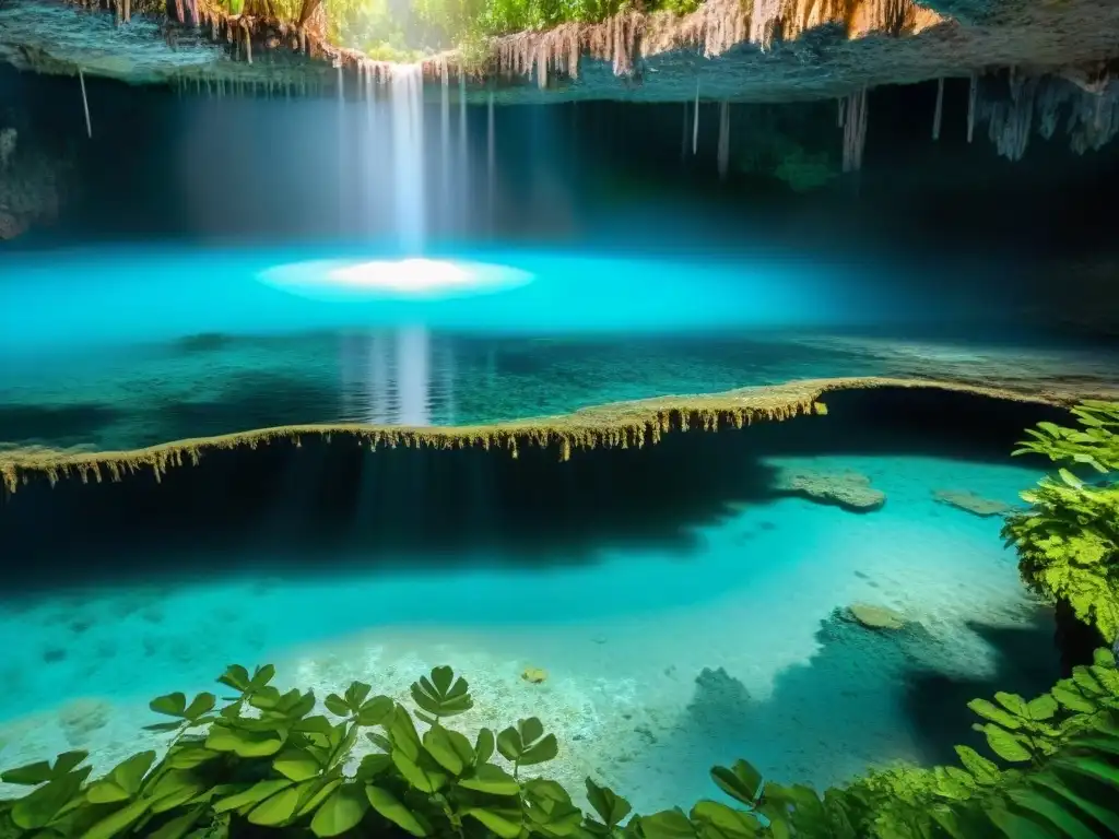 Un cenote sagrado maya en la selva: aguas turquesas cristalinas reflejan la luz del sol entre estalactitas, rodeado de vegetación exuberante