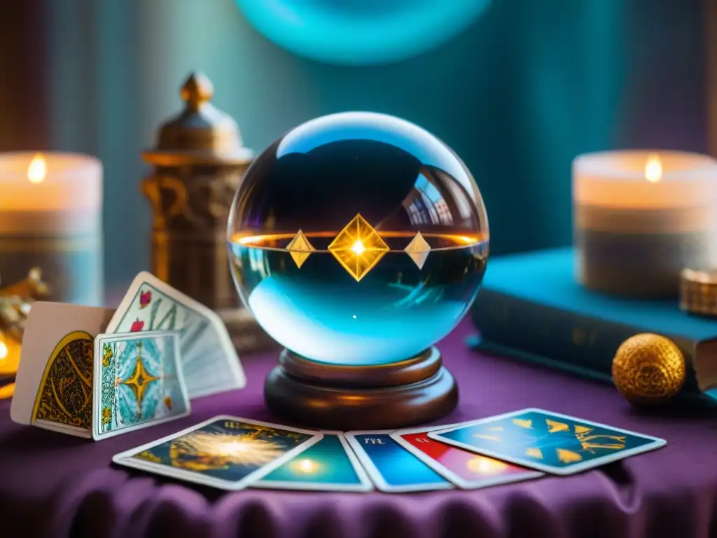 Un centro de mesa elegante con una bola de cristal rodeada de cartas de Tarot vibrantes, realzando su significado decorativo