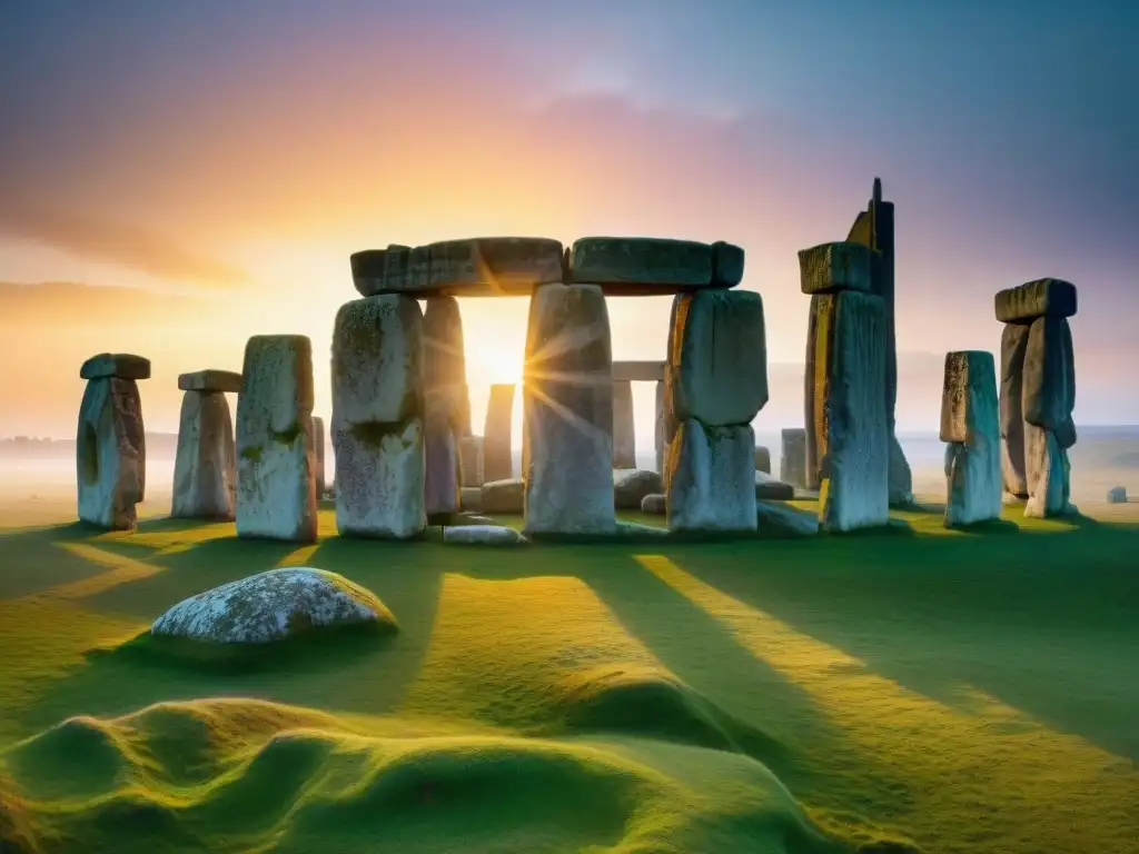 Centros energéticos del mundo: Stonehenge majestuoso al amanecer, misteriosas piedras en vibrante escenario de niebla y colores celestiales