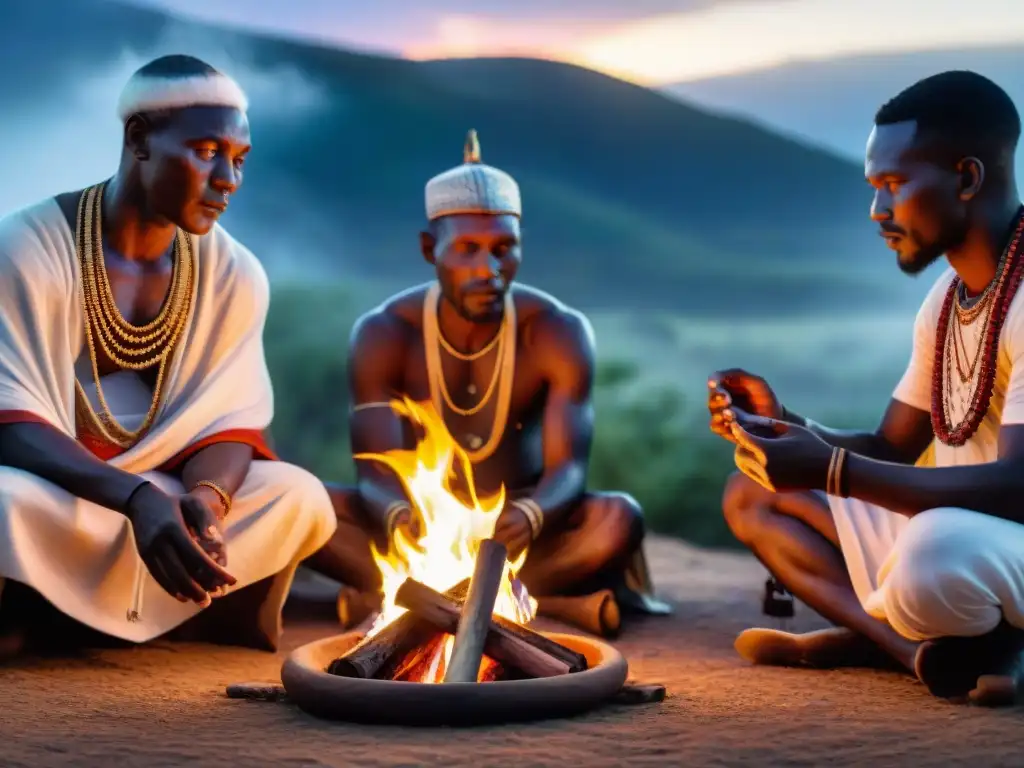 Ceremonia de iniciación africana con ancianos y jóvenes alrededor del fuego en la noche, ciclos rituales iniciación africanos