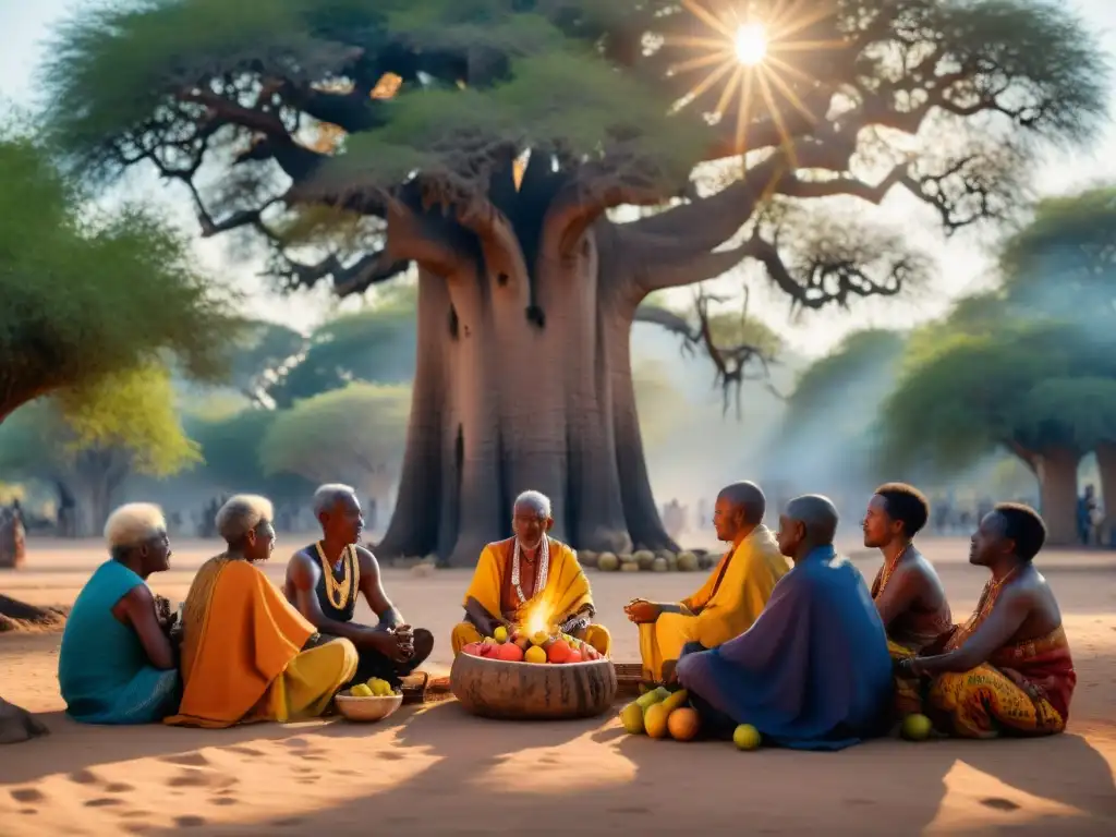 Ceremonia ancestral africana de los ancianos bajo un baobab, ofreciendo frutas y comunicándose con los espíritus