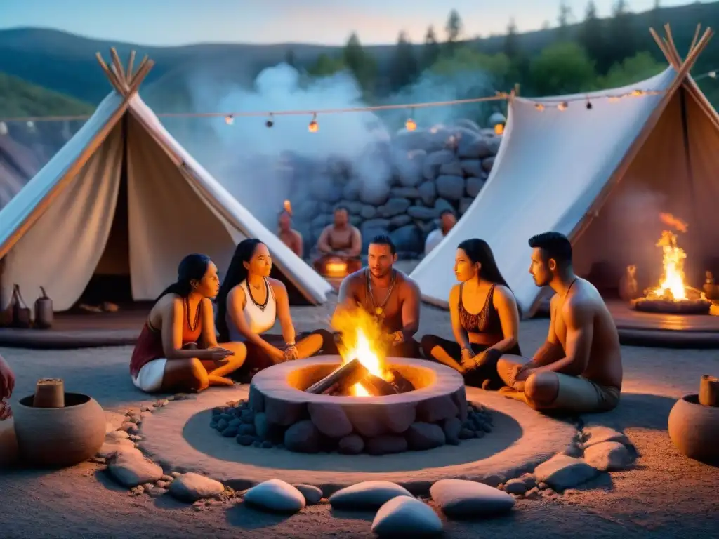 Ceremonia de purificación ancestral para alma moderna en cabaña de sudor indígena al atardecer