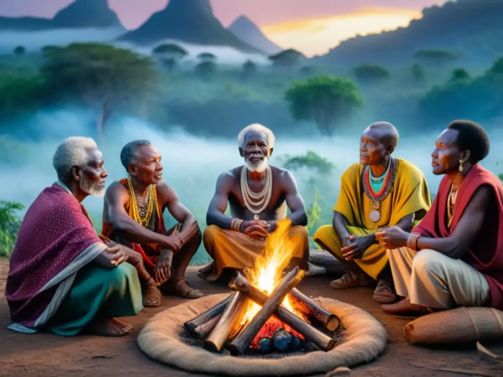 Ceremonia ancestral en África: ancianos alrededor del fuego bajo un cielo estrellado, practicando rituales espirituales