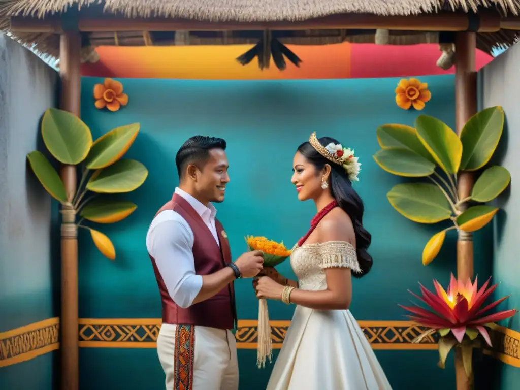 Una ceremonia de boda maya con detalles detallados y coloridos, rodeada de símbolos de amor y unidad