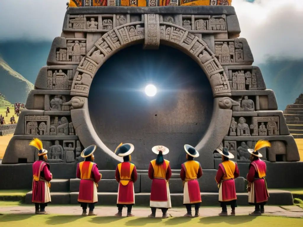 Ceremonia de eclipse solar en el Imperio Inca: sacerdotes y nobles admirando el fenómeno celestial con detalle asombroso