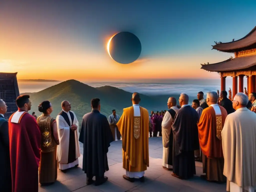 Ceremonia de eclipse solar en templo antiguo: sacerdotes, adoradores y atardecer dramático