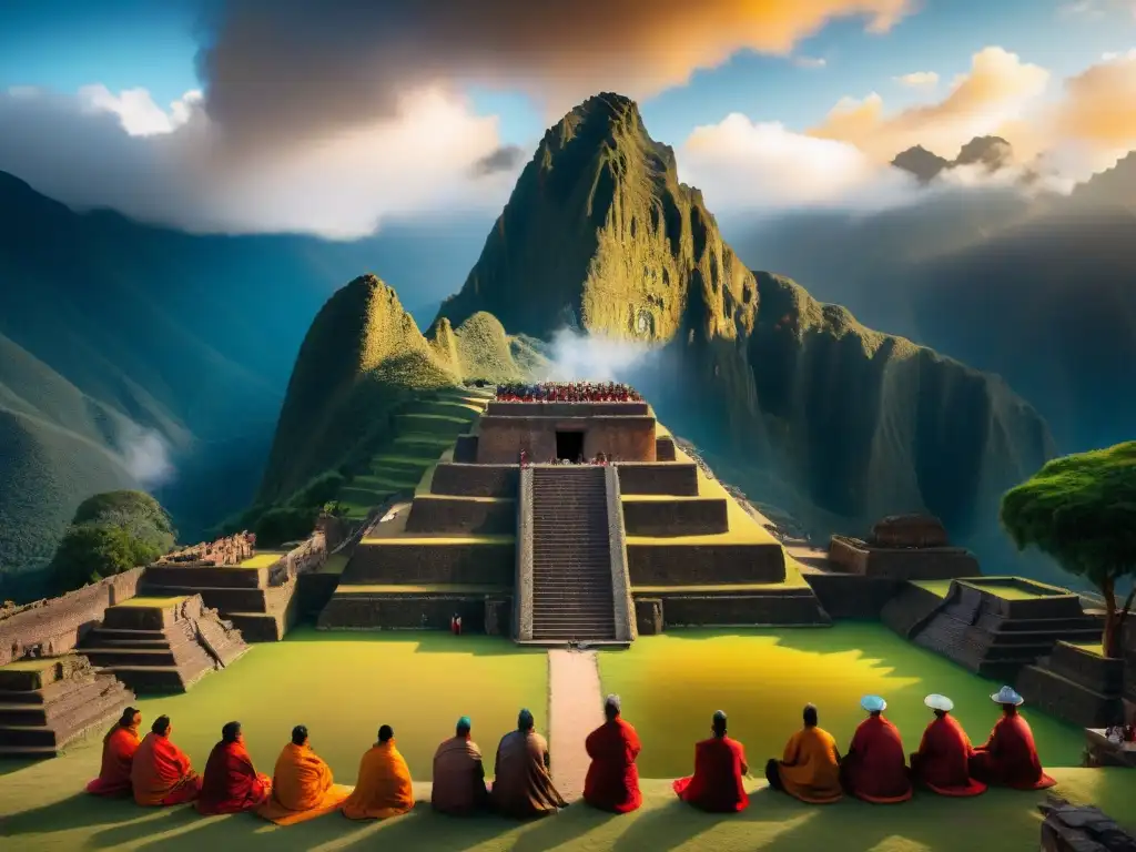 Ceremonia de eclipses en el Imperio Inca: sacerdotes realizan rituales en un templo antiguo durante un eclipse solar en los Andes