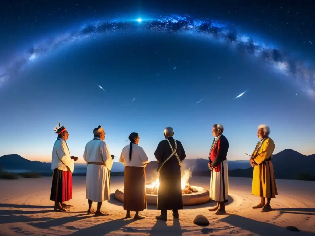 Ceremonia de consagración del espacio: ancianos indígenas en ritual bajo el cielo estrellado