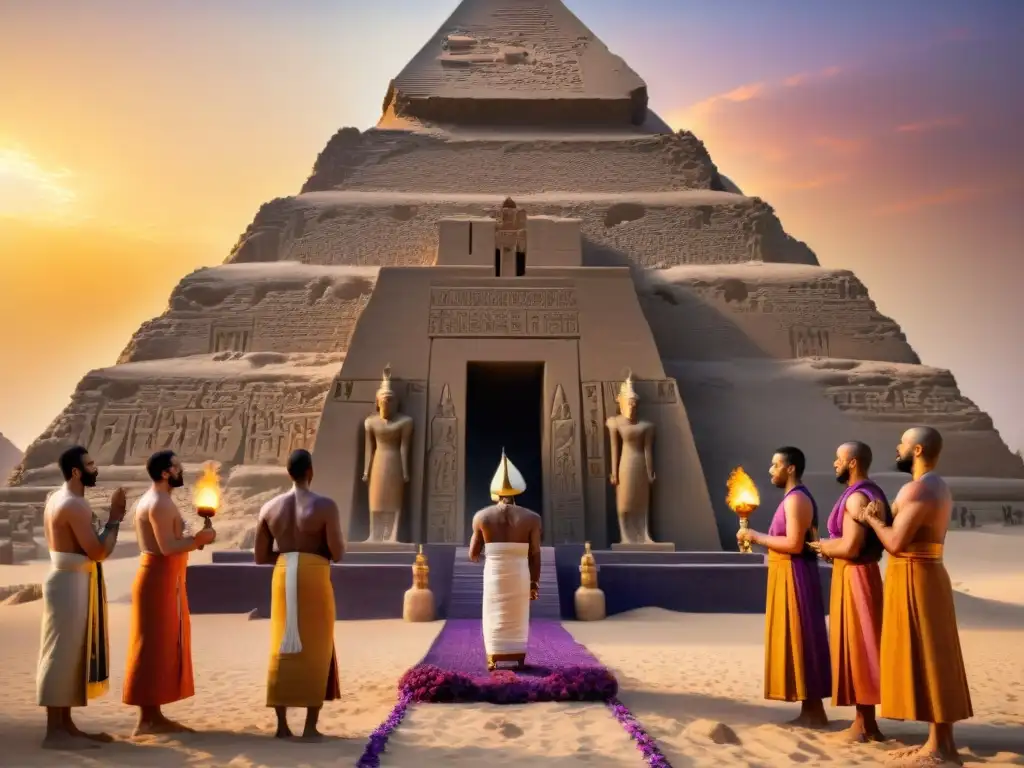 Ceremonia de consagración del espacio en Egipto antiguo al atardecer, con sacerdotes realizando rituales frente a un templo adornado con jeroglíficos