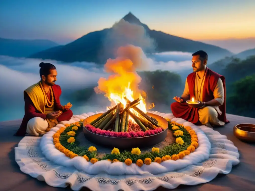 Ceremonia de consagración del espacio: Sacerdote en ritual védico, ofrendas al fuego y mandala de flores en ambiente sagrado