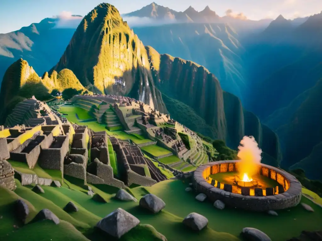 Un chamán guía una ceremonia espiritual al amanecer en Machu Picchu, rodeado de participantes en meditación